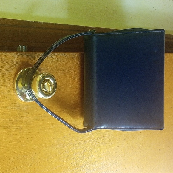 Vintage Navy Blue Leather & Vinyl Structured Handbag, Gold Hardware, Pouch, Feet - Picture 2 of 7